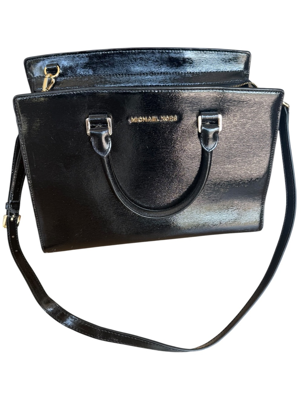 Michael Kors Black Patent Leather Satchel Crossbody Bag Gold Hardware